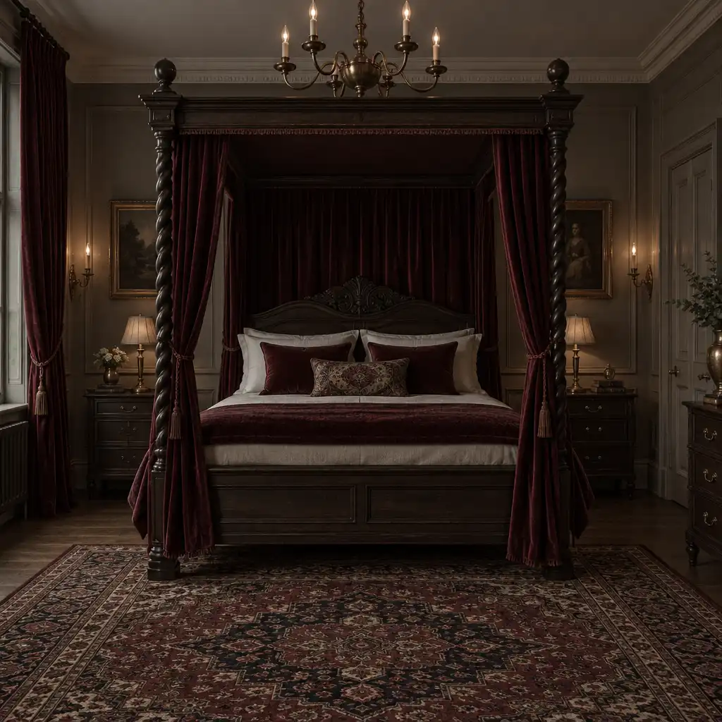 Chambre classique rénovée avec lit à baldaquin en bois sombre, rideaux en velours bordeaux, tapis oriental et luminaires en laiton