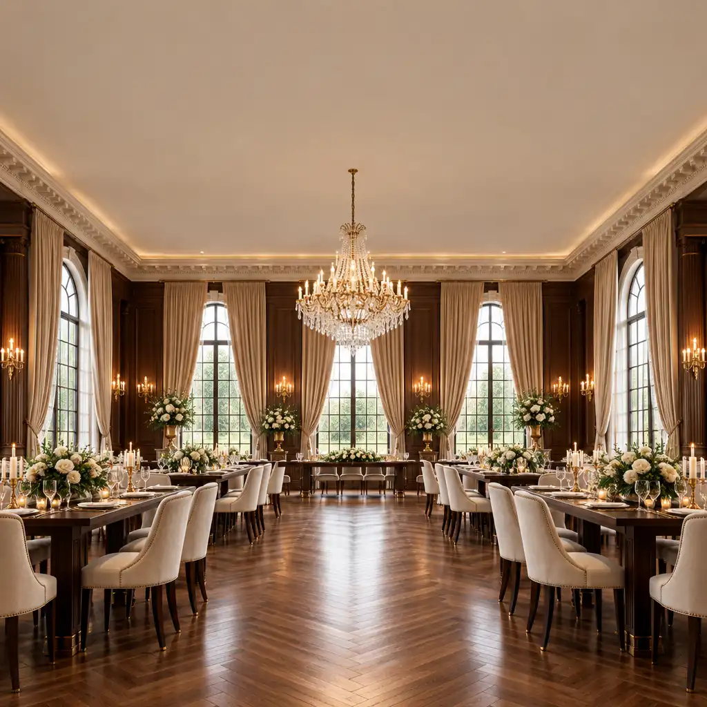 Espace de réception rénové avec lustre en cristal, tables de banquet et parquet en chevron