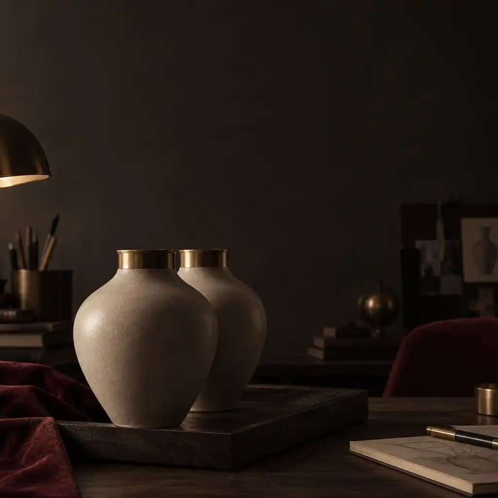 Deux vases identiques se chevauchant sur un plateau en bois sombre, illustrant la fusion d'objets