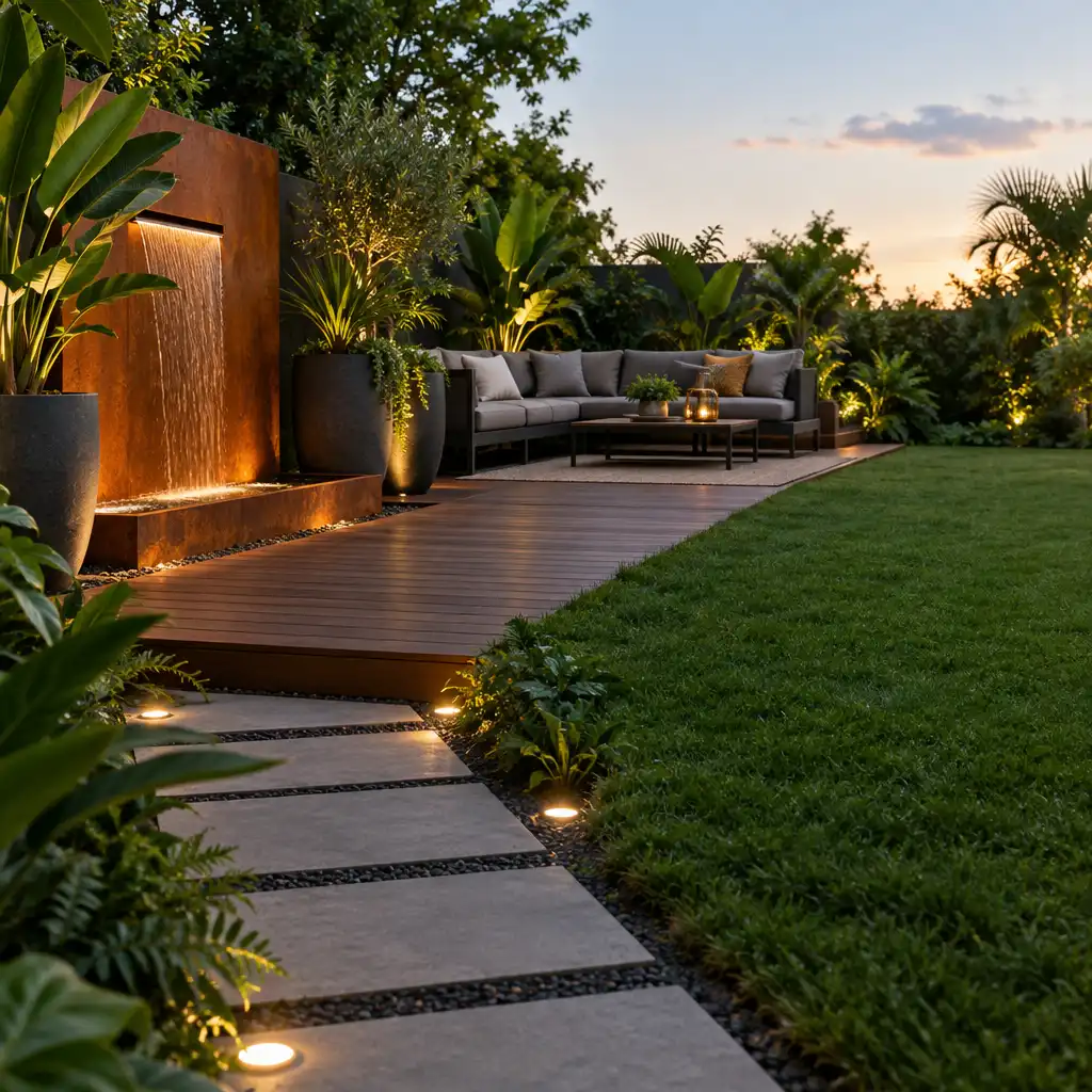 Jardin moderne rénové avec terrasse en bois, plantes exotiques et éclairage LED