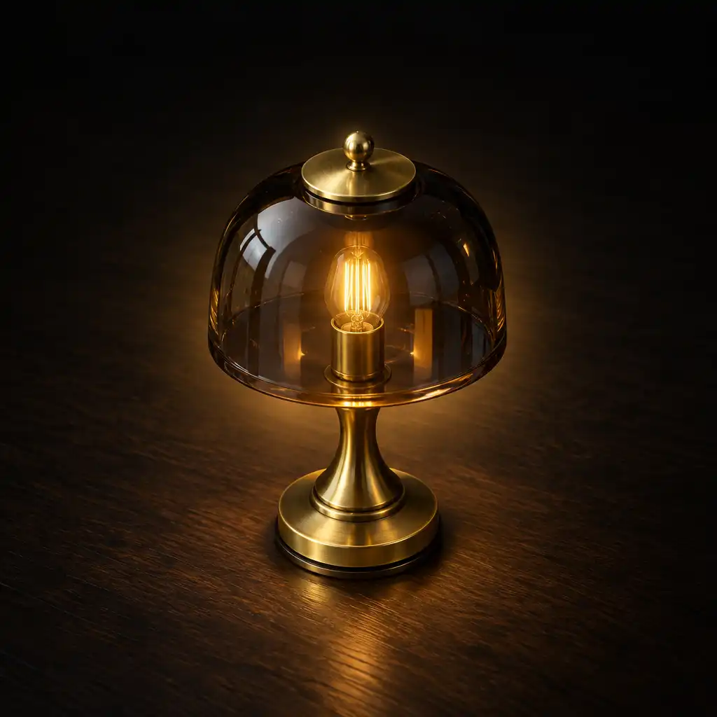 Lampe rare en laiton et verre fumé posée sur une surface en bois sombre, objet de fusion précieux dans Happy Merge Decoration