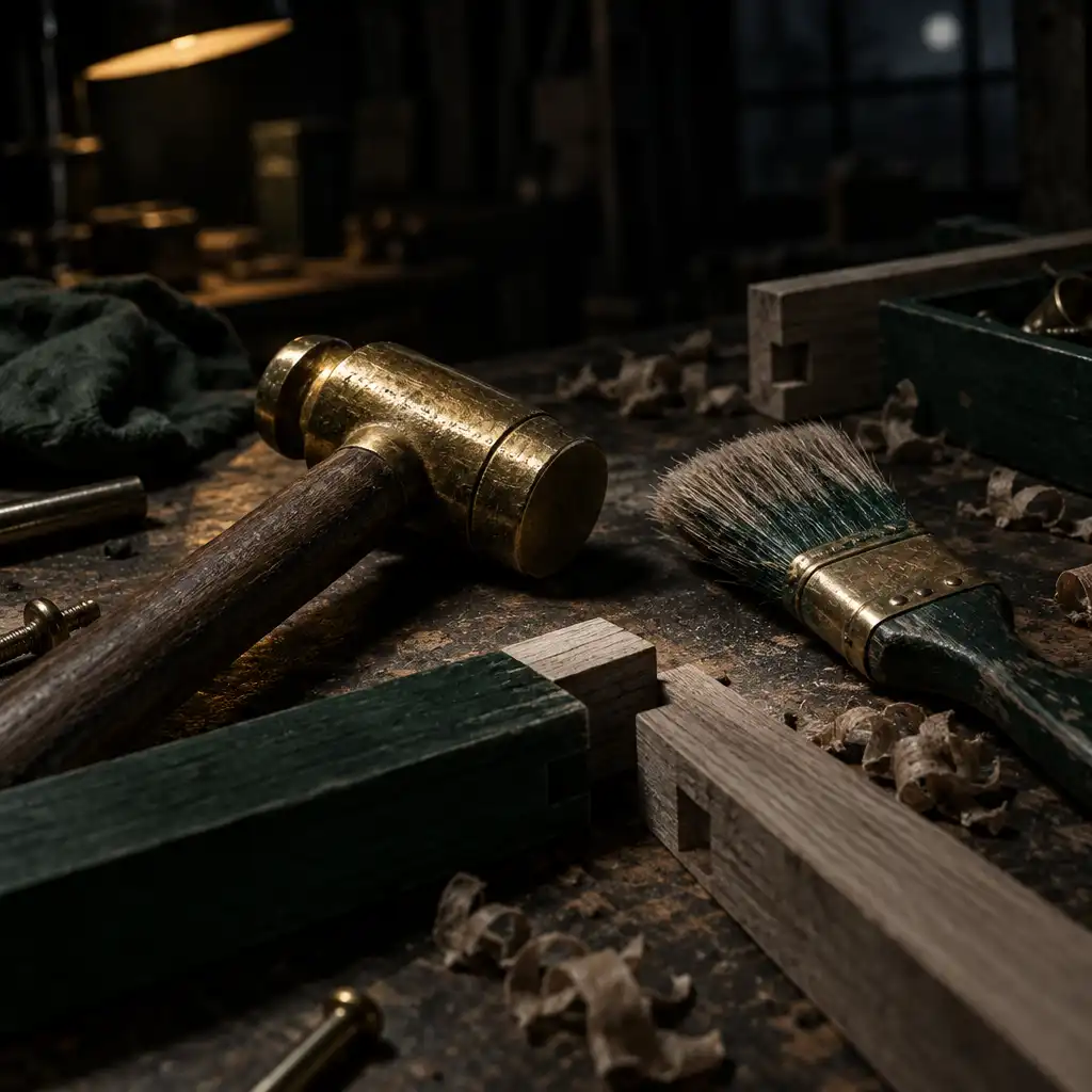 Établi d'artisan avec marteau en laiton, pinceau et pièces de bois, illustrant la fabrication d'outils