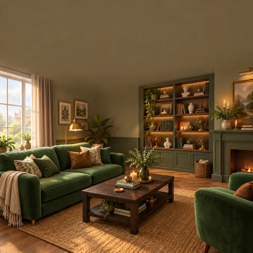 Salon rénové avec canapé en velours vert, table basse en bois sombre et étagères décoratives dans Happy Merge Decoration