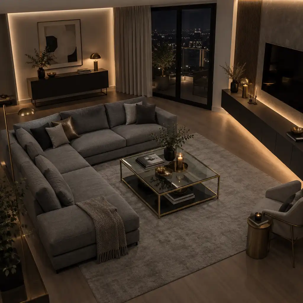 Salon moderne rénové avec canapé gris, table basse en verre et métal, touches de laiton et éclairage indirect chaleureux