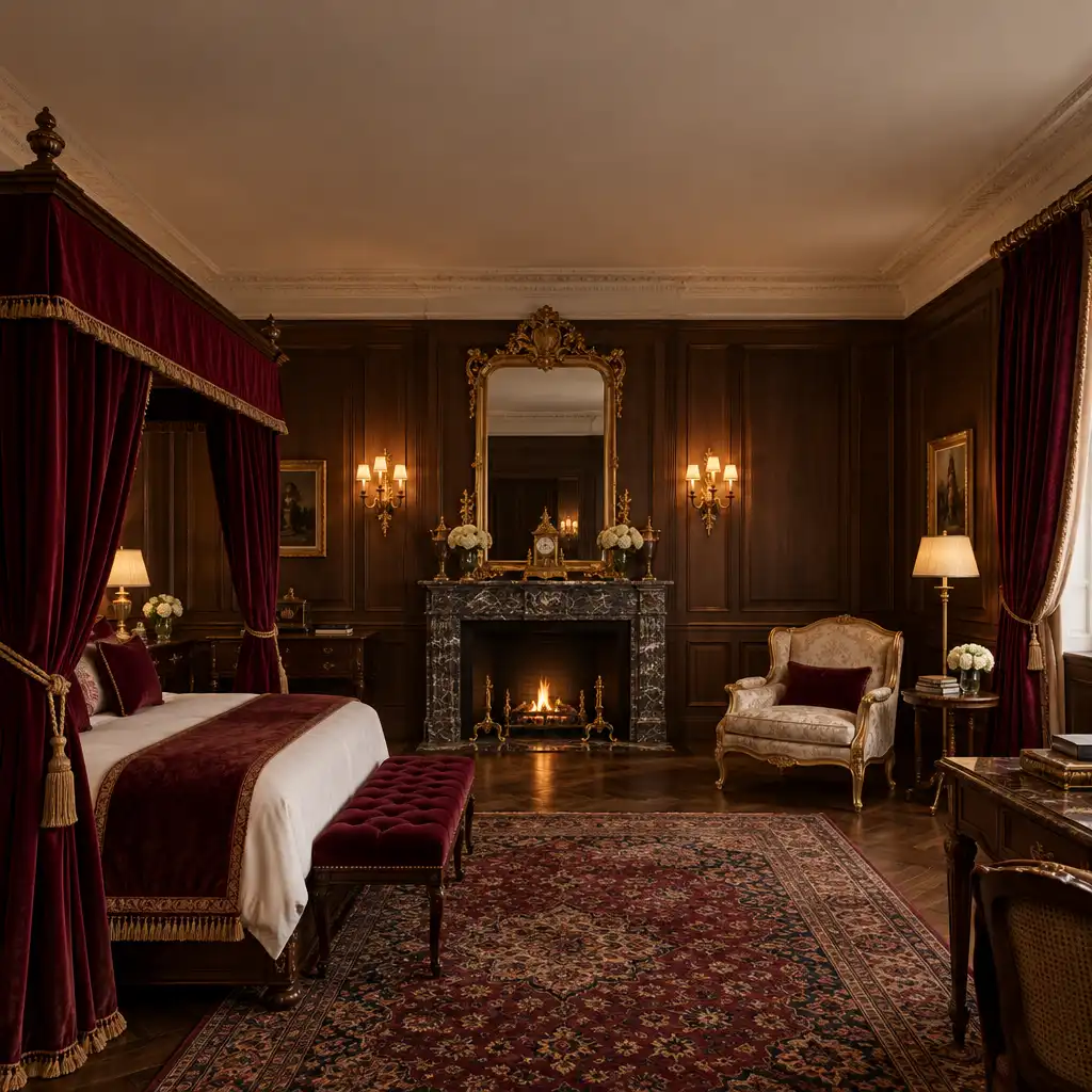 Suite de luxe rénovée avec lit à baldaquin, miroir doré et fauteuil Louis XV
